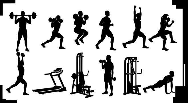 Workout silhouettes set with various exercise positions and equipment featuring fitness, gym, silhouette with people and training elements for