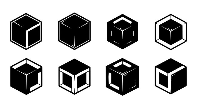 Cube 3D icon set with bold black shapes, beveled edges and clean geometric shading for UI and game icons
