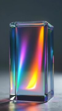 Rectangular prism made of glass displays vibrant rainbow colors as light passes through it. Abstract visualization of light refraction and dispersion in a minimalistic setting.