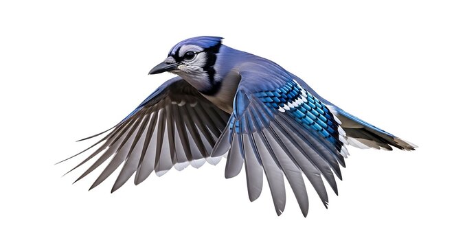 Blue jay mid-flight, wings open, detailed feather texture, white background