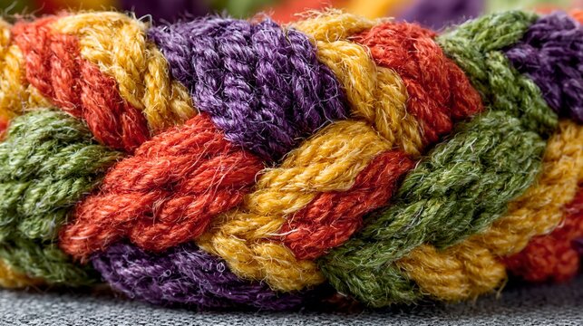 Colorful knitted rope with woven pattern in red, green, yellow, and purple