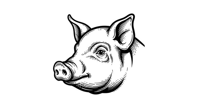 Detailed pencil drawing of a pig's head in black and white