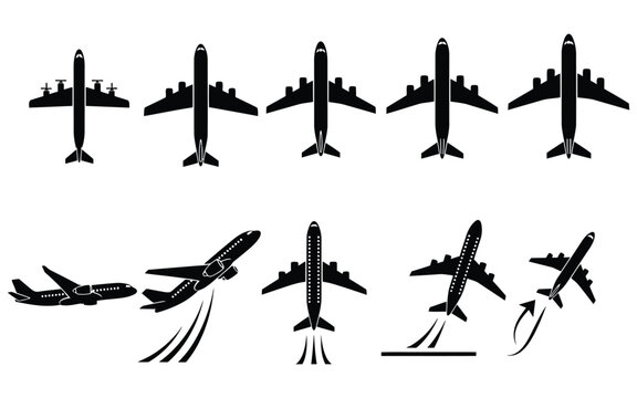 A collection of black silhouettes depicting various airplanes in different flight positions and movements on a white background
