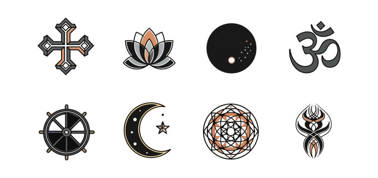 Religious symbols and icons on black background