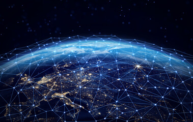 Plakat Digital connections around the world. Planet Earth at night with glowing network lines representing global communication, data transfer, and worldwide internet connectivity in space. Europe at night.