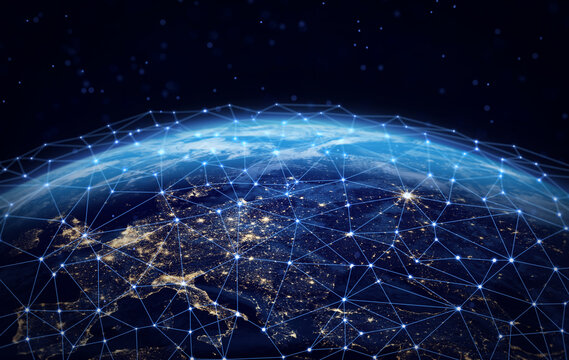 Digital connections around the world. Planet Earth at night with glowing network lines representing global communication, data transfer, and worldwide internet connectivity in space. Europe at night.