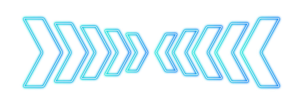 Electric cyan and blue neon arrow shapes with glowing light effect. Modern tech chevron pointers and futuristic digital graphics for corporate and science layouts.