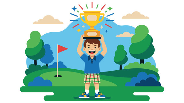 Young boy golfer winning championship trophy on green golf course with trees and flag hole.