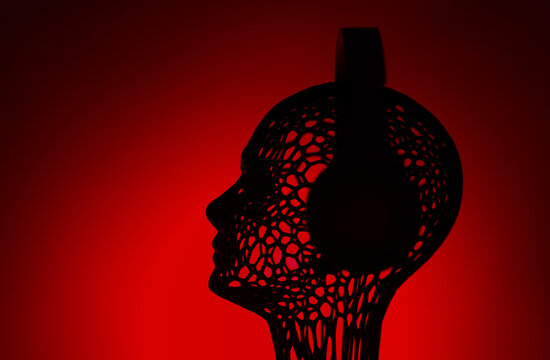 Wireframe artificial intelligence head listening to music on red