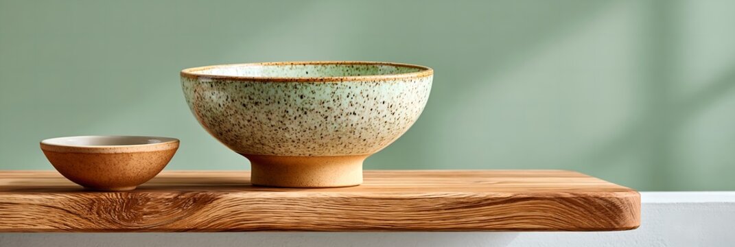 Two ceramic bowls rest on a wooden board.