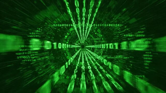 A video showing a futuristic digital tunnel with green binary code flowing rapidly through a cyberpunk-like environment