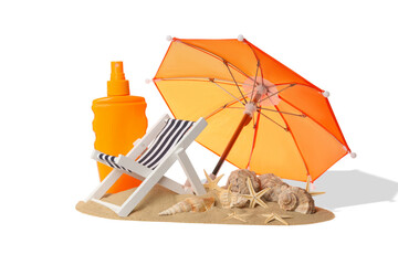Obraz premium Beach chair, orange umbrella, sunscreen, and shells, PNG