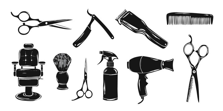 set of barber tools icons in black and white vector style