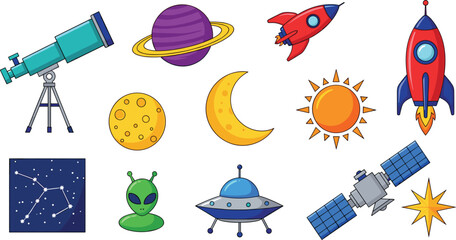 Space Exploration and Astronomy Icon Set with Planets, Rockets, UFOs, Stars, and Telescopes for Websites, Apps, and Digital Media Designs. © MSTSHAHINA