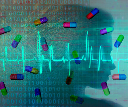 Medical concept with silhouette heartbeat pill and binary code