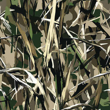 Dense reeds camouflage seamless vector pattern, natural foliage layers, print ready 300 dpi for hunting gear