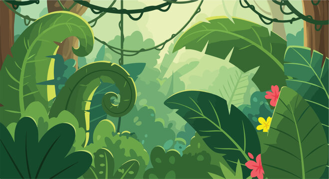 Tropical jungle landscape vector illustration, lush green rainforest background with exotic leaves and vines, wild nature scenery with flowers