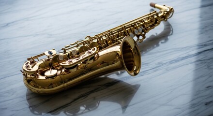 Obraz premium Alto saxophone on wooden surface closeup.
