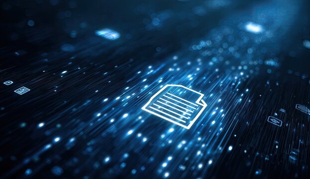 Abstract digital data flow with glowing document icon on dark background