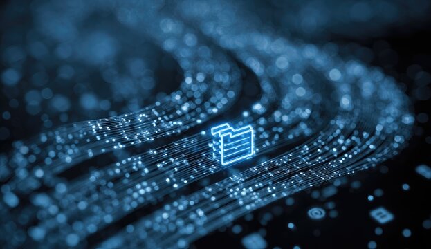 Abstract glowing blue digital data stream with file icon