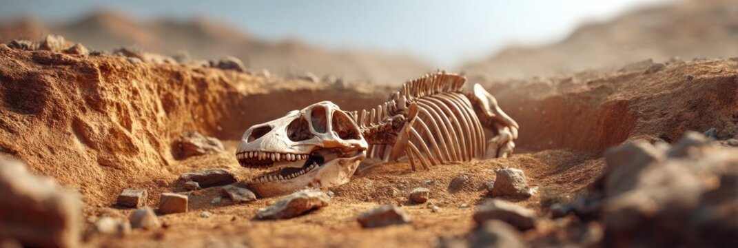 A detailed view of a buried animal skeleton in a sandy landscape.