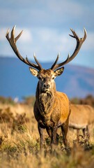Obraz premium Regal Red Deer Stag, full view, facing camera, with impressive antlers, golden
