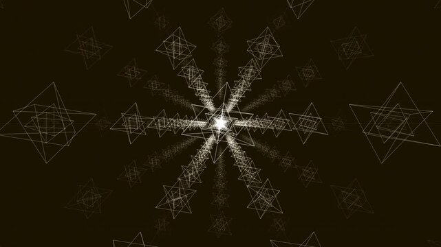 Premium 4K seamless loop of nested Merkaba and Ajna Third Eye chakra sacred geometry. Features cinematic volumetric ascension through a divine golden grid. Ideal for VJ sets, trance festivals, yoga
