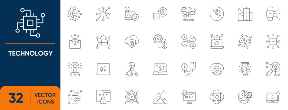 Technology Icon Set. Containing Innovation, Future, Network, AI, Robotics, Iot, Cloud Computing and more. Editable vector Line icons collection.