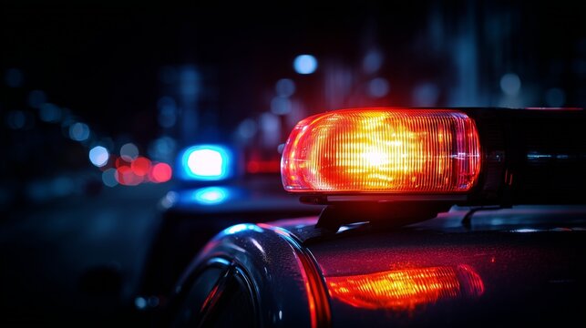 Police vehicle with flashing red and blue light at night indicating incident response traffic enforcement and road control.