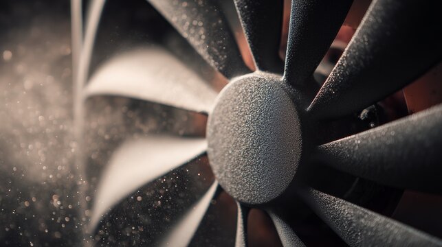 Close-up of a dusty appliance fan blade conveying appliance repair maintenance and cleaning need.
