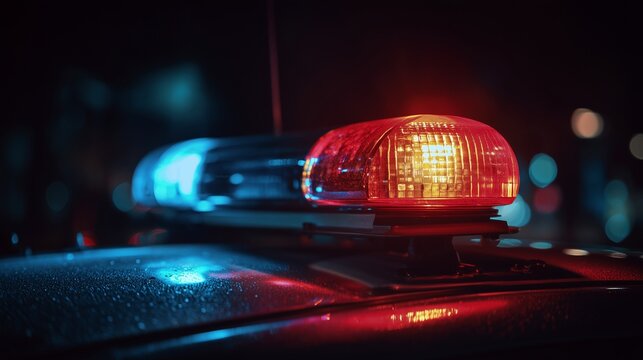 Police light on patrol car at night representing incident response traffic enforcement and emergency roadside control.