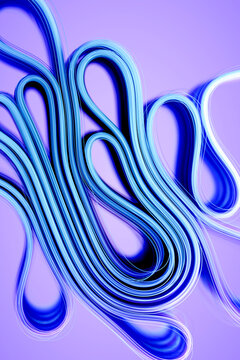 Abstract blue 3d hair waves on purple background with copy space