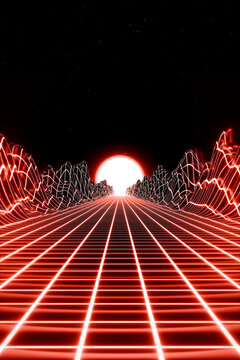 Red neon grid vaporwave landscape with glowing sun