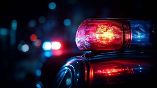 Police cruiser light at night signaling law enforcement response to crime scene and public safety.