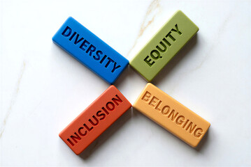 Fototapeta premium Diversity and inclusion concept with colorful wooden blocks spelling equity, belonging, and university