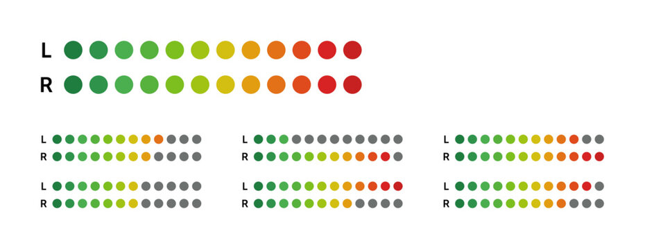 Vector icon set of horizontal dot-style audio level meters showing L and R stereo channel indicators in multiple playback states, rendered in a green-to-red gradient.