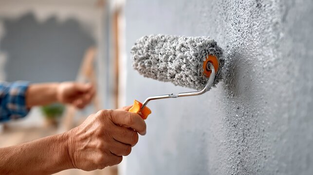 Hand rolls paint roller over gray wall