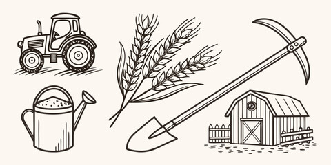 farm icons set with tractor wheat barn shovel and watering can © Sadhin07