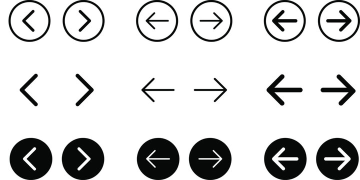 Arrow buttons icon set. Website slider navigation symbols. Next and previous rounded buttons for app. Web interface arrow buttons isolated illustration.