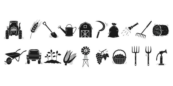 farm tools and equipment icons in black and white silhouette style