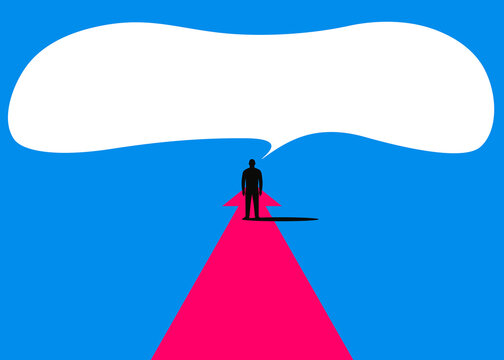 Silhouette standing on a pink arrow with blank speech bubble