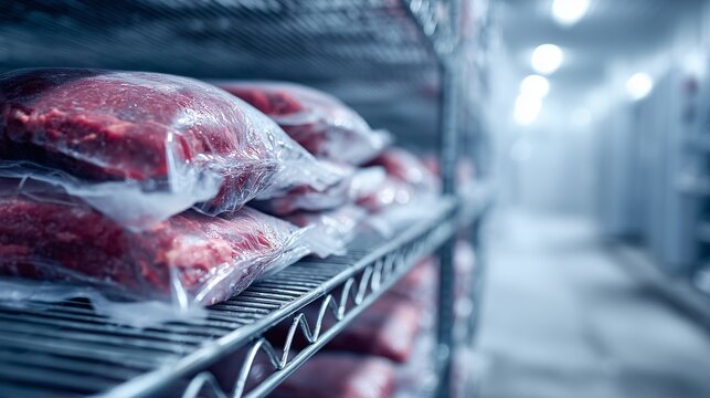 Vacuum-packed beef primal on metal rack inside refrigerated storage, conveying cold chain supply and chilled meat preservation.