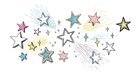 Obraz premium Hand-drawn shooting stars vector, whimsical pastel star cluster with doodle sketch lines, colorful celestial sparkles and cosmic burst elements
