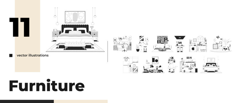 Eclectic home interior furniture outline illustrations bundle. Living room. Bedroom workspace. Cozy mid century furnishings 2D linear images isolated. Collection black and white vector drawings