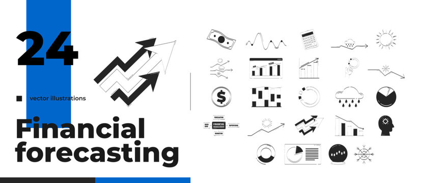 Financial forecasting charts and analytics outline illustrations bundle. Growth arrows. Weather graphs. Data visualization 2D linear images isolated. Collection black and white vector drawings