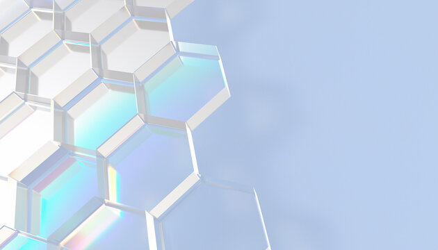 Iridescent glass hexagon pattern on blue background with copy space