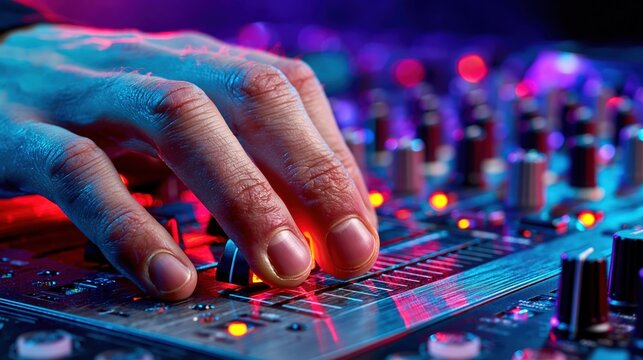 Close-up of a DJ's hand adjusting faders on a professional mixing console with vibrant neon lighting in a nightclub
