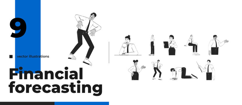 Diverse business people emotions and poses outline illustrations bundle. Multi-ethnic office workers. Corporate employees behavior 2D linear images isolated. Collection black and white vector drawings