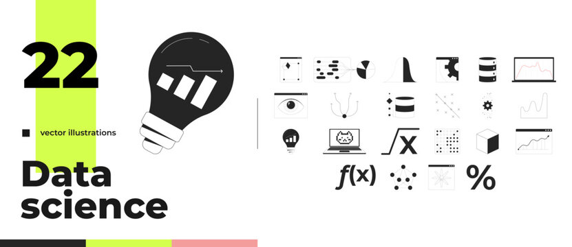Data science analytics and visualization outline illustrations bundle. Lightbulb insights. Business intelligence. Charts analysis 2D linear images isolated. Collection black and white vector drawings