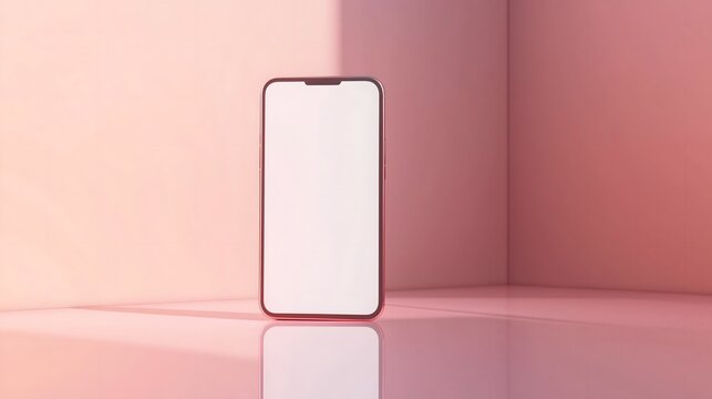 Versatile UI mockup: Standing smartphone with peach screen in clean peach environment with grid floor